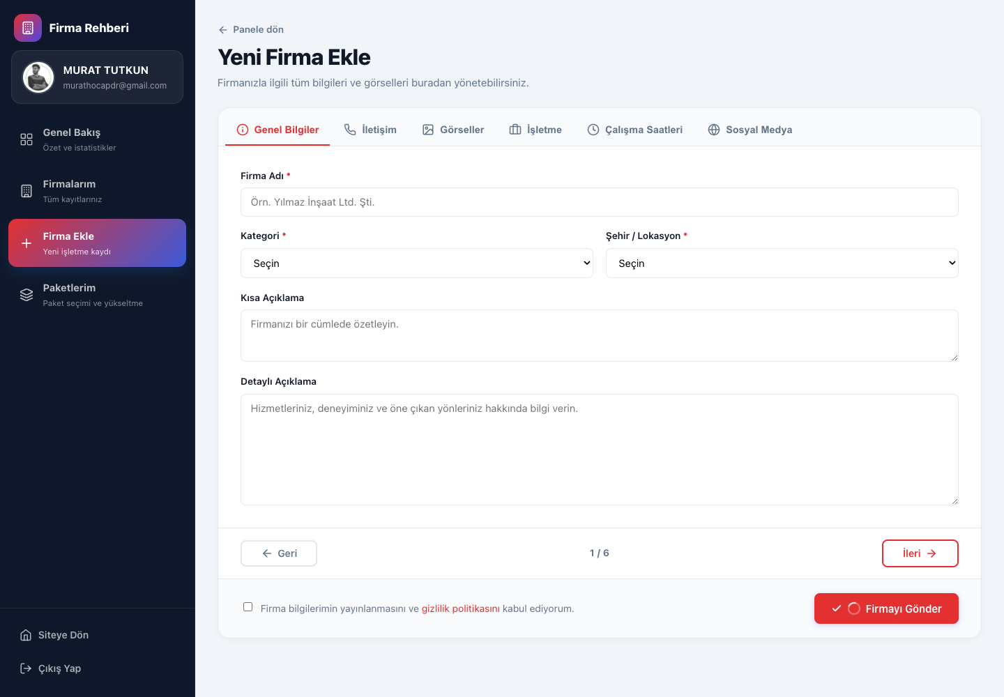 Frontend firma ekleme formu sekmeli arayüz
